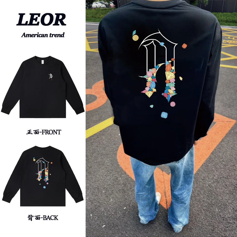 美式时尚复古简约多巴胺彩色字母印花百搭圆领长袖T恤 男女同款