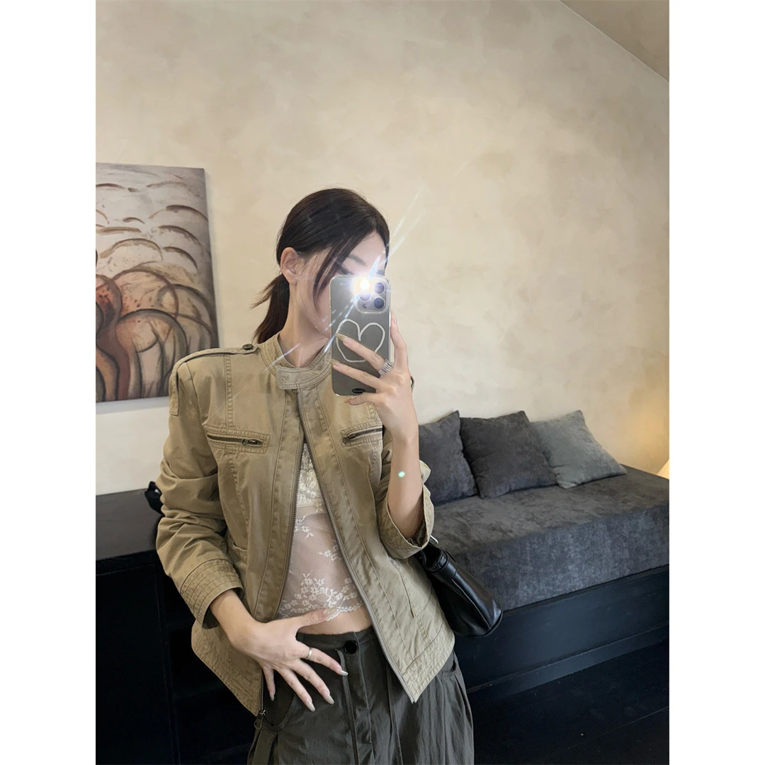 美式复古立领长袖开衫外套女秋季高级感工装夹克宽松做旧气质上衣