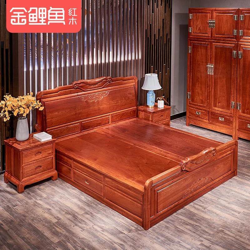 缅甸花梨木家具卧室中式实木床1.8米双人床 新中式大果紫檀木大床