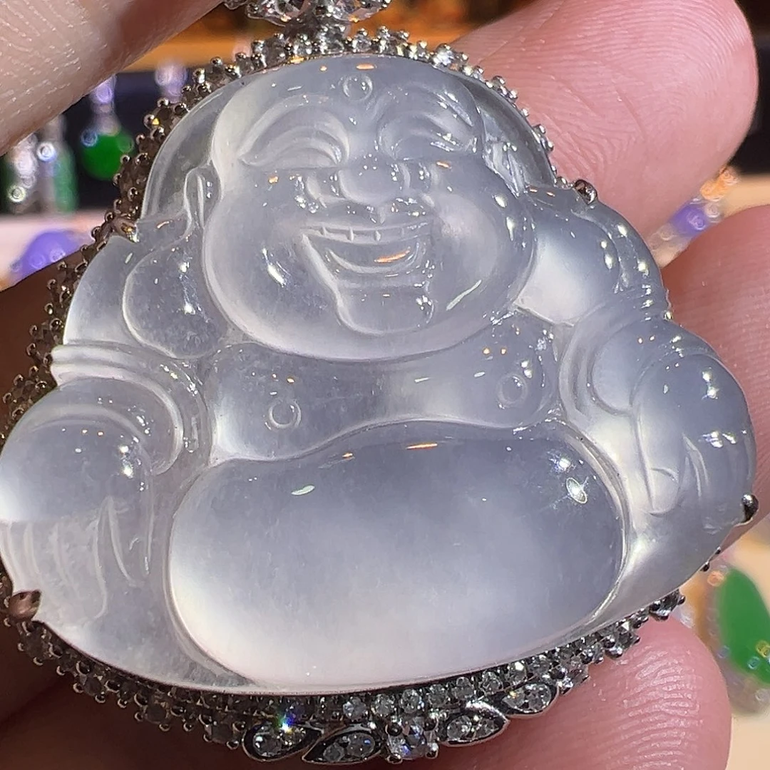 翡翠吊坠(赠链)18K金镶嵌高冰极光白佛公