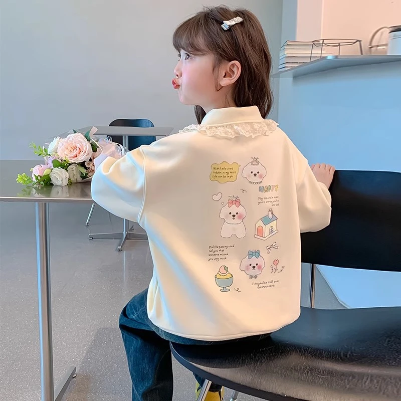 女童春装2025新款中大童polo领蕾丝花边卫衣韩版春秋季印花上衣