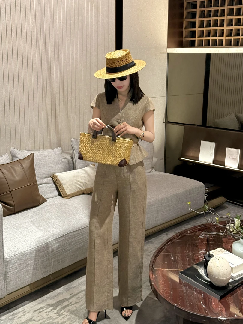 【金夫人套装】金属丝亚麻修身马甲显瘦气质时尚百搭裤子套装女夏季