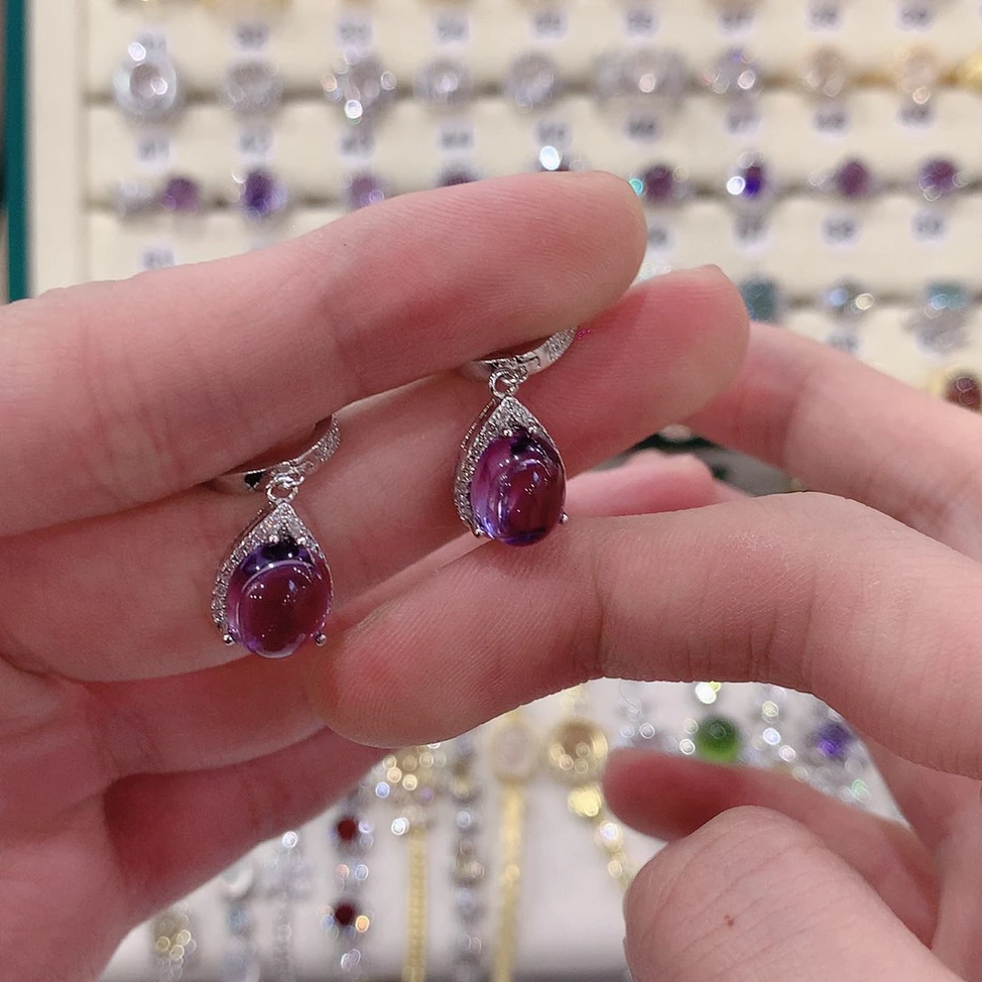 紫晶耳饰银S925镶嵌羊***王紫水晶