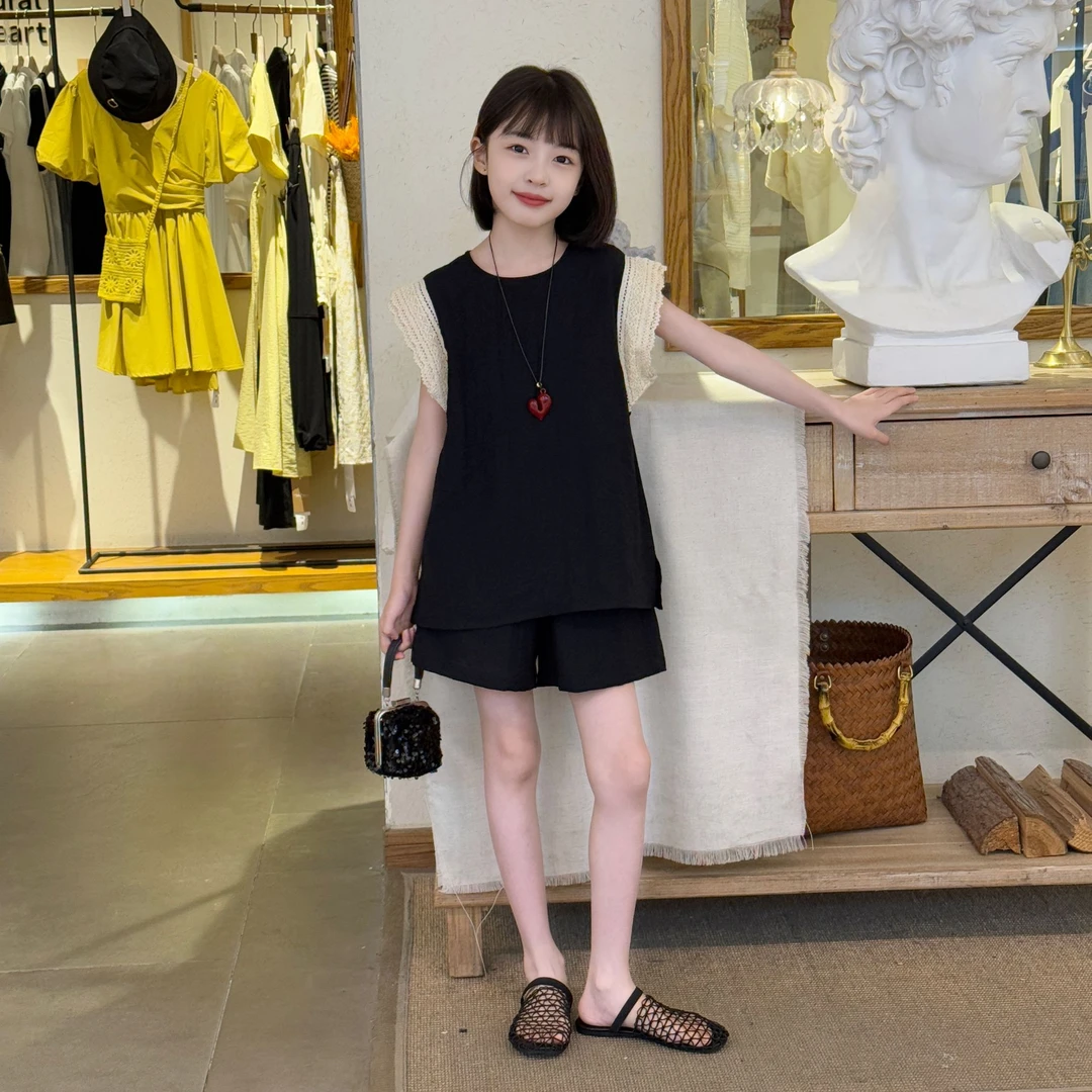 欧货棉麻双层蕾丝拼接上衣短裤套装2025夏季女童显瘦搭配一整套装