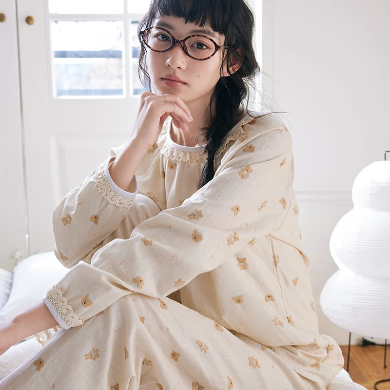 2025新款纯棉印花家居服蕾丝宽松上衣透气舒适可外穿睡衣套装