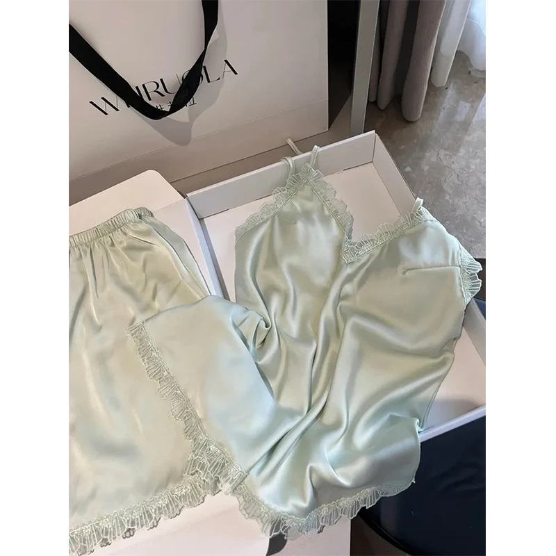 【镂空蕾丝边】法式性感纯欲冰丝睡衣女新款纯色吊带短裤家居服套装