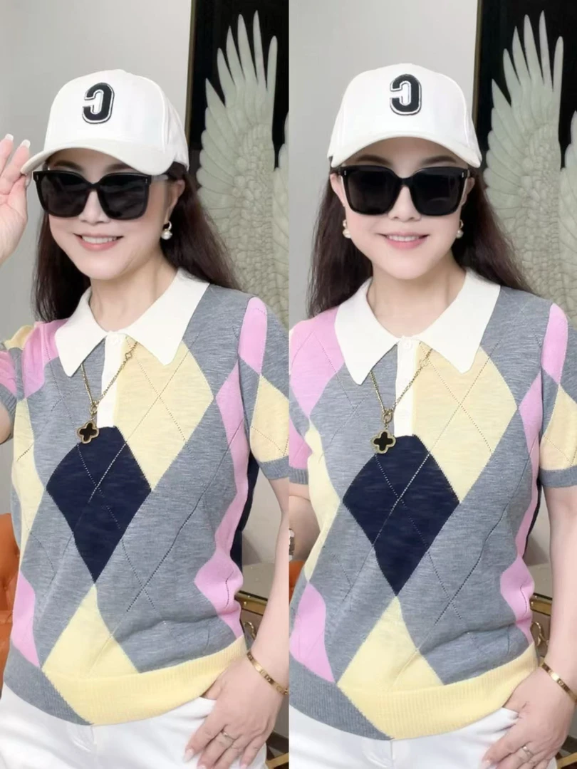 【薇姐粉丝】夏季新款拼色菱格纹POLO领亚麻针织衫25344