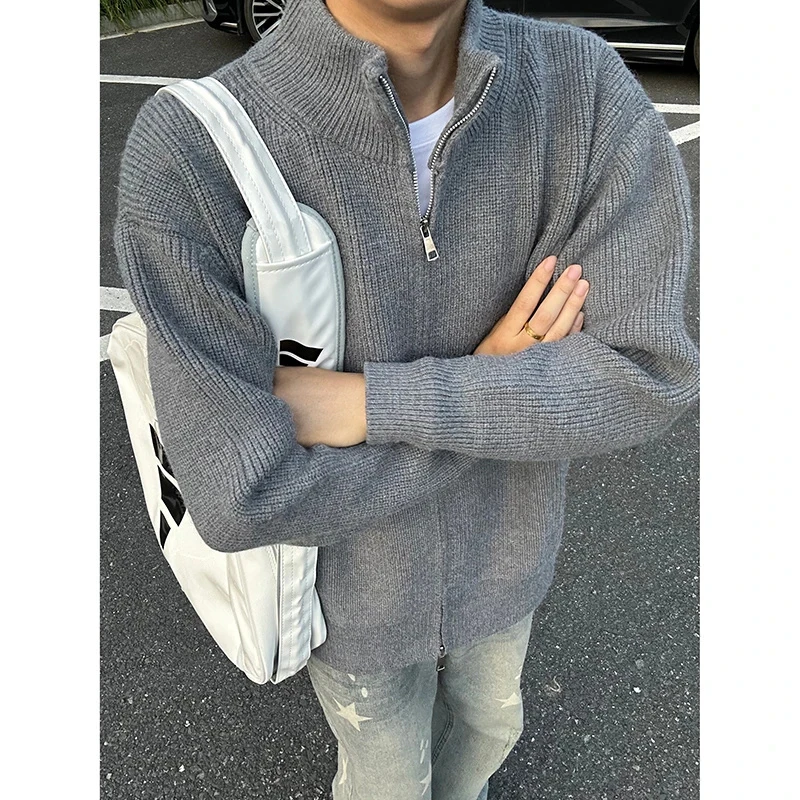 美式立领开衫毛衣外套男款秋季慵懒风拉链针织衫cleanfit休闲夹克