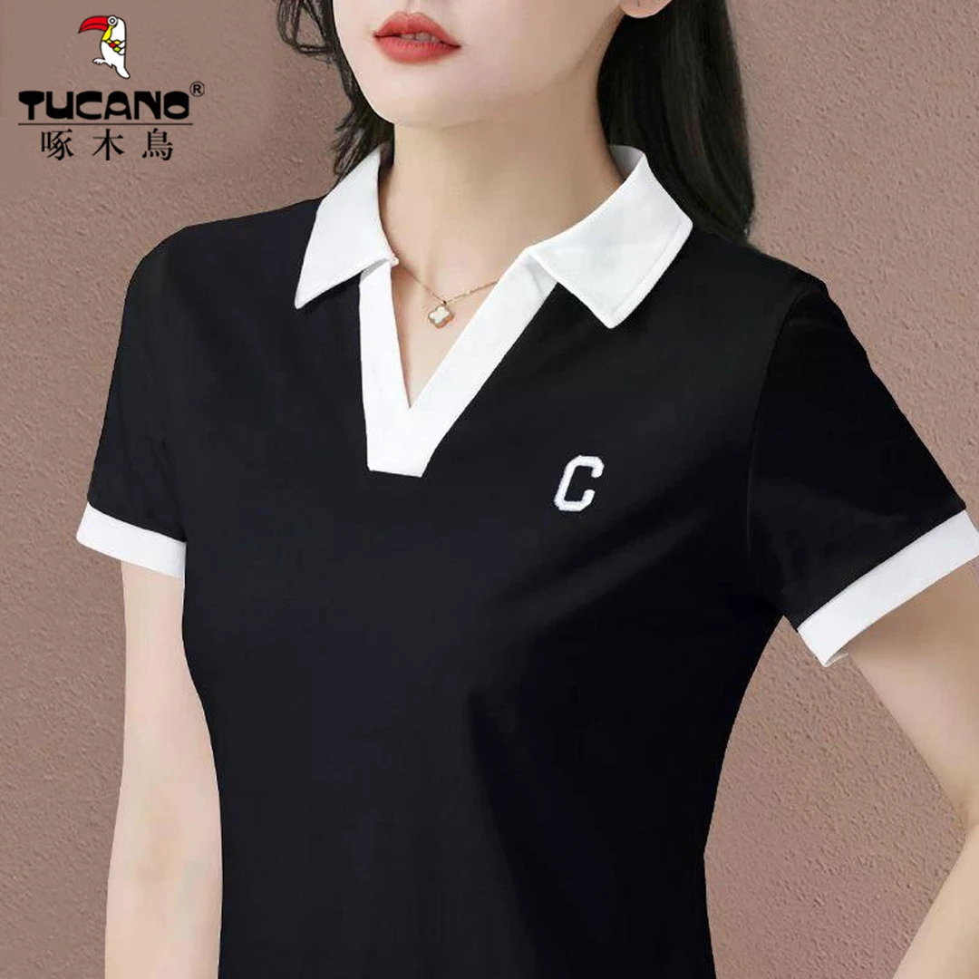 啄木鸟~设计感刺绣翻领短袖T恤女2025夏季新款撞色百搭显瘦上衣服