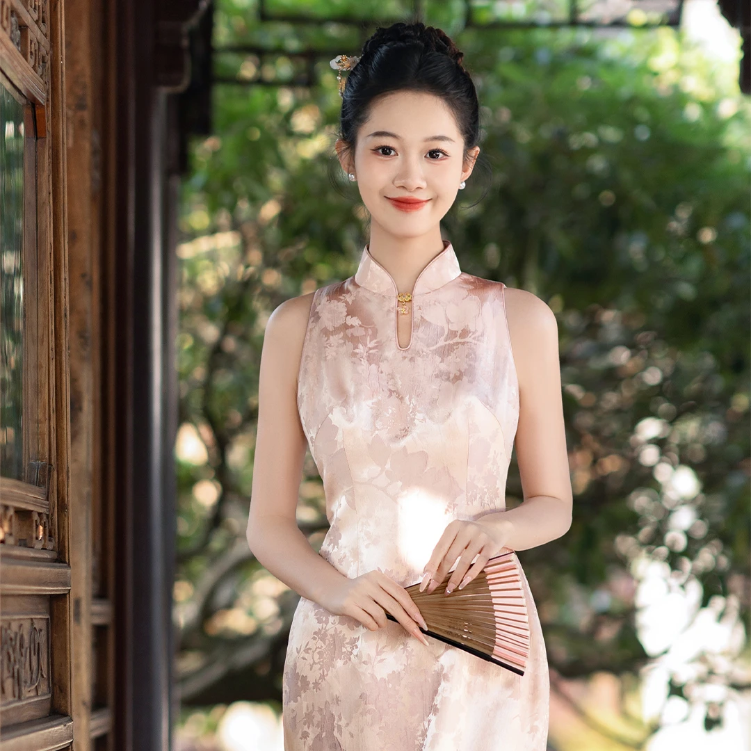 满庭芳新中式粉色无袖旗袍女2025年春季新款气质款日常晨袍