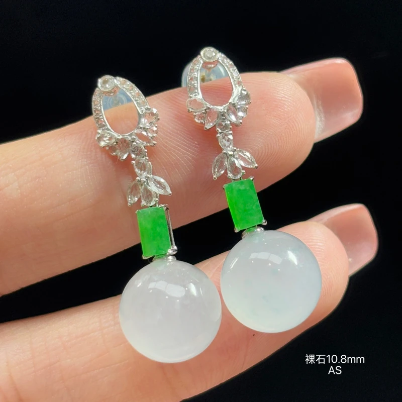 18K金镶嵌缅甸天然翡翠A货白冰珠子耳饰AS (下单咨询客服）