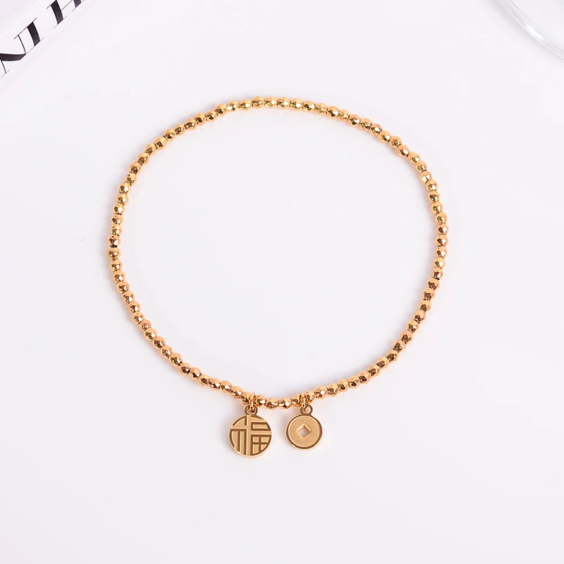 钛钢手链 细款蹦迪珠福牌铜钱手链女小众精致不褪色手串手饰品