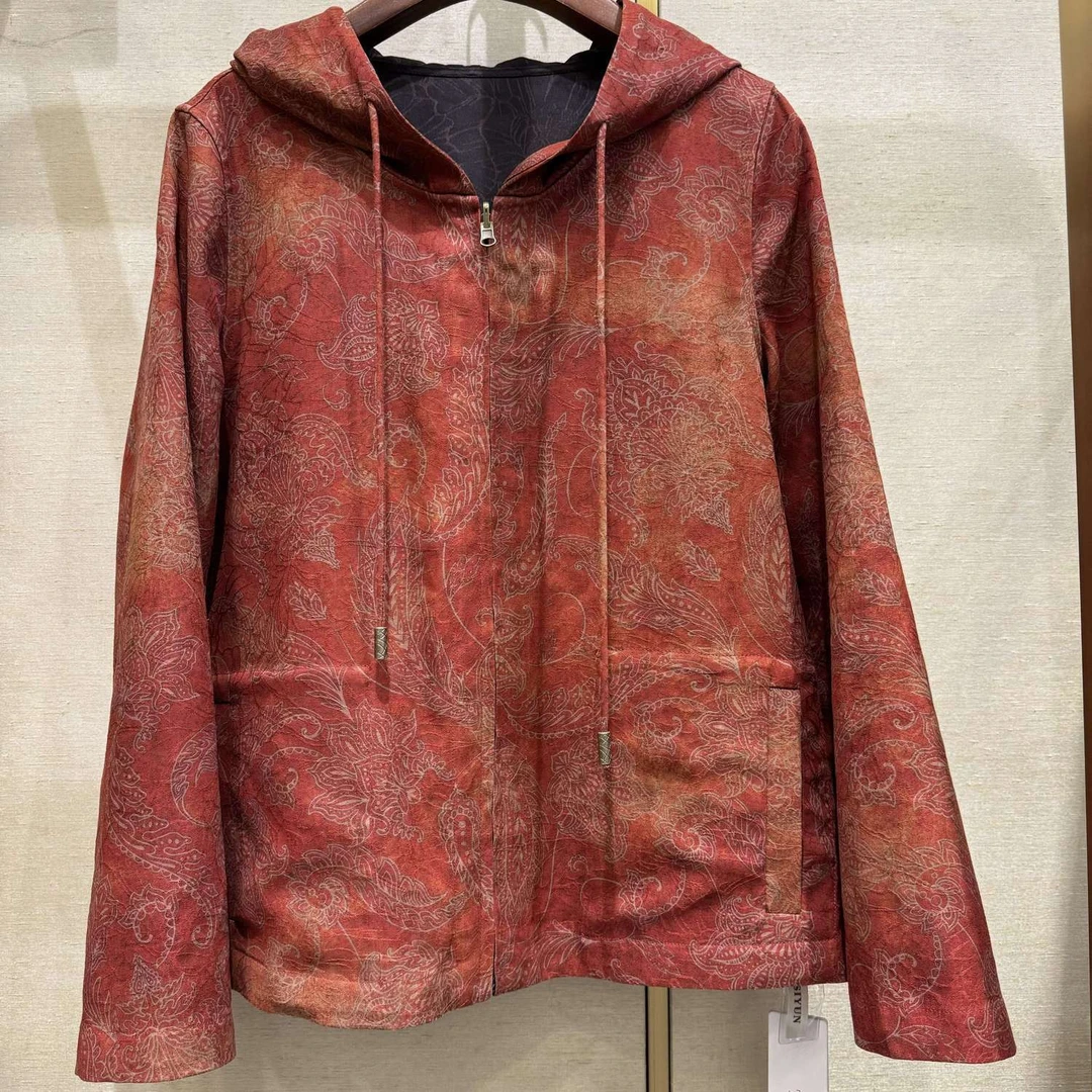 叶辰甄选香云纱 秋季香云纱重磅提花樱花凤舞帽衫外套(99115)