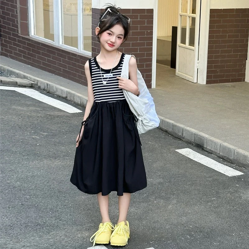 女童2025夏季新款条纹拼接背心连衣裙