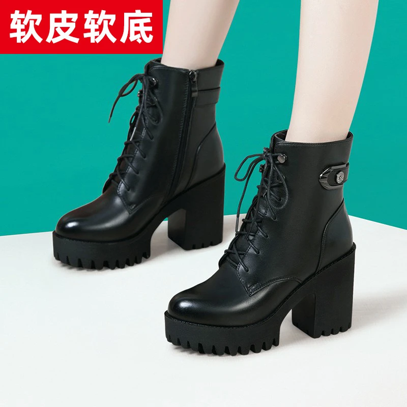 复古时尚女短靴软皮高跟马丁靴秋冬加绒系带中筒靴防水台厚底粗跟