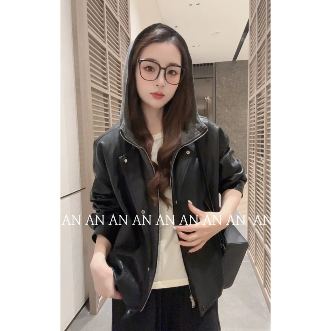 C09147秋冬时尚韩版INS潮设计感宽松拼接连帽假两件皮衣外套