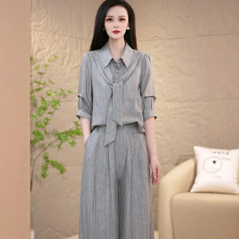 2025春秋季新款女士时尚气质显瘦两件套妈妈装休闲阔腿裤衬衣套装