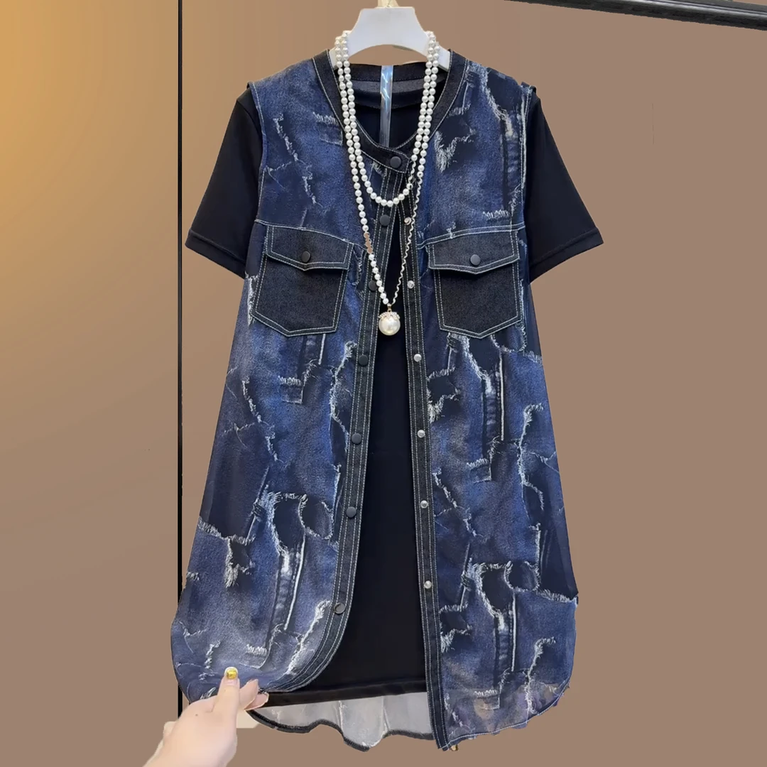 大码女装胖妹妹夏季百搭短袖马甲两件套