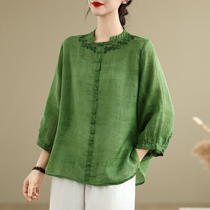 暗纹印花小衫绣花立领盘扣刺绣衬衫+高腰垂感阔腿裤时尚套装