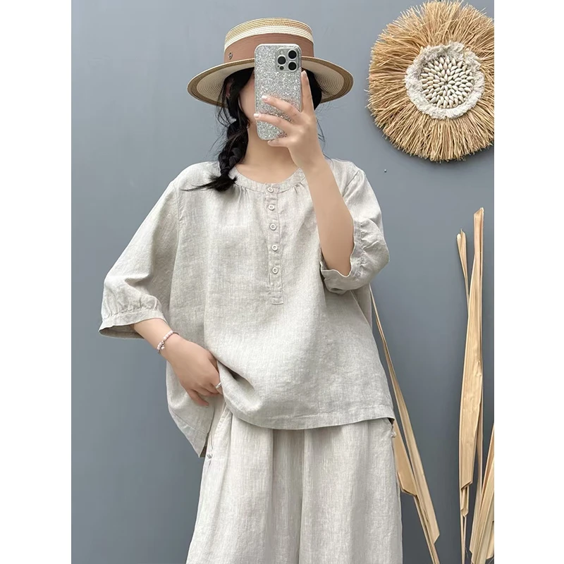复古亚麻内里包边圆领短袖衬衫女夏新款文艺大码显瘦休闲衬衣
