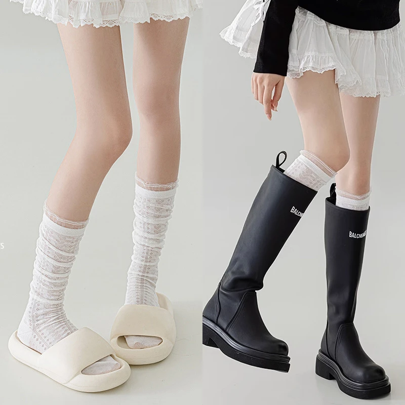 蕾丝花边小腿袜子少女夏季薄款镂空甜美法式芭蕾风爱心堆堆袜无骨