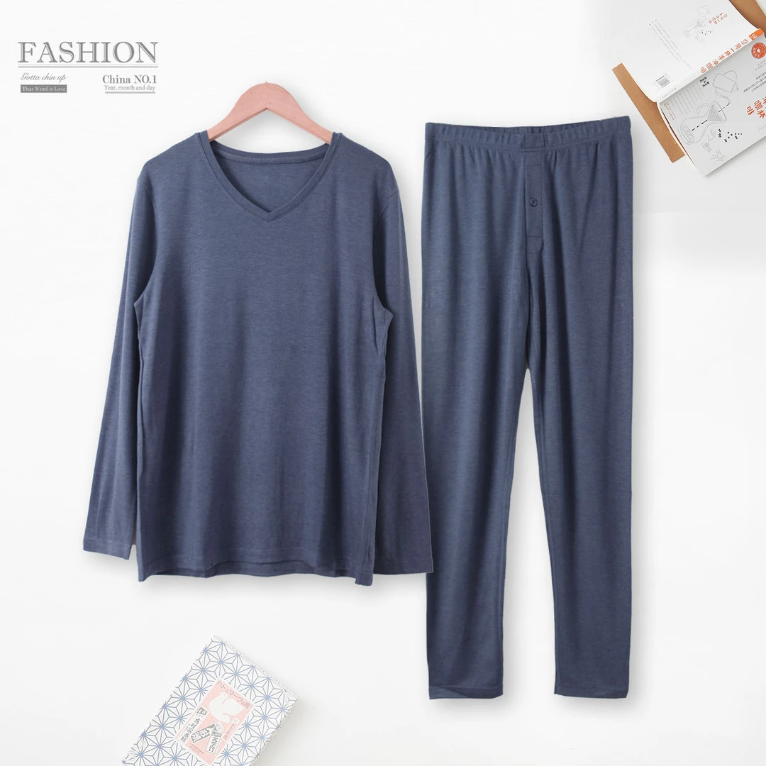 春款男保暖套装薄款V领套头长袖松紧裤内搭秋衣秋裤KK495亲肤舒适