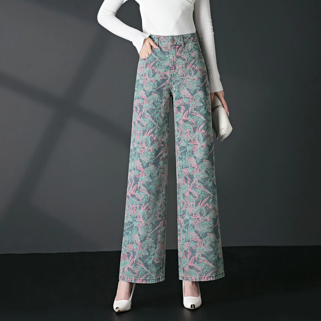 时尚印花阔腿牛仔裤女2025春秋新款高腰中年妈妈裤子宽松显瘦长裤