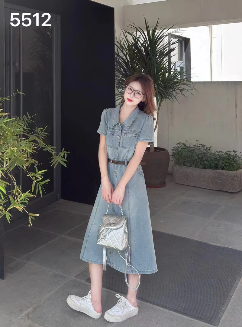 5512短袖牛仔连衣裙女夏季新款时尚气质高级感收腰显瘦复古长裙子