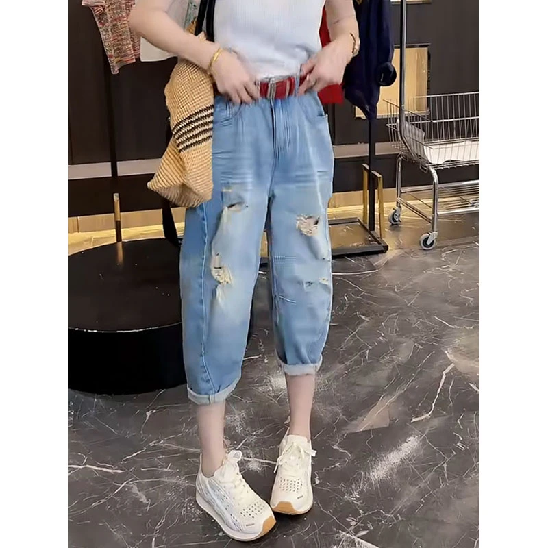 大码高腰显瘦宽松阔腿裤2025夏季新款薄款百搭直筒遮胯八分牛仔裤