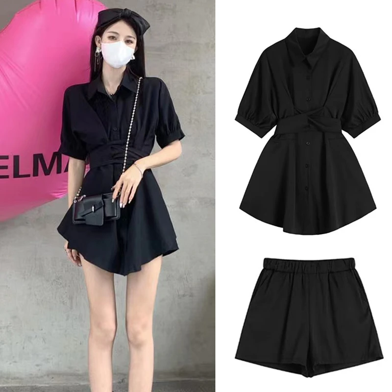 【两件套】短袖2025夏季新款气质交叉系带高腰短裤两件套女D1485