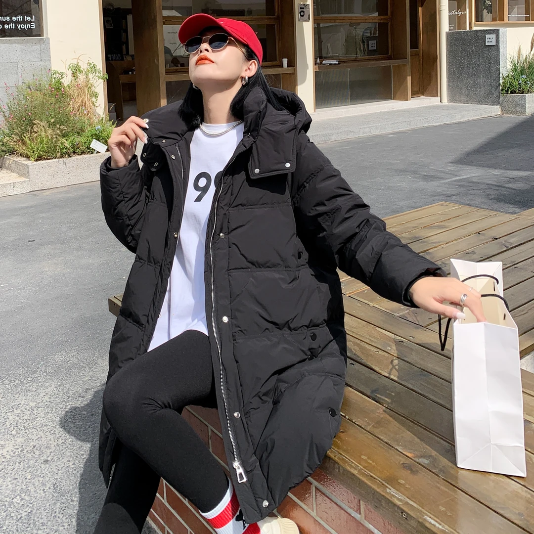 休闲连帽羽绒服女中长款