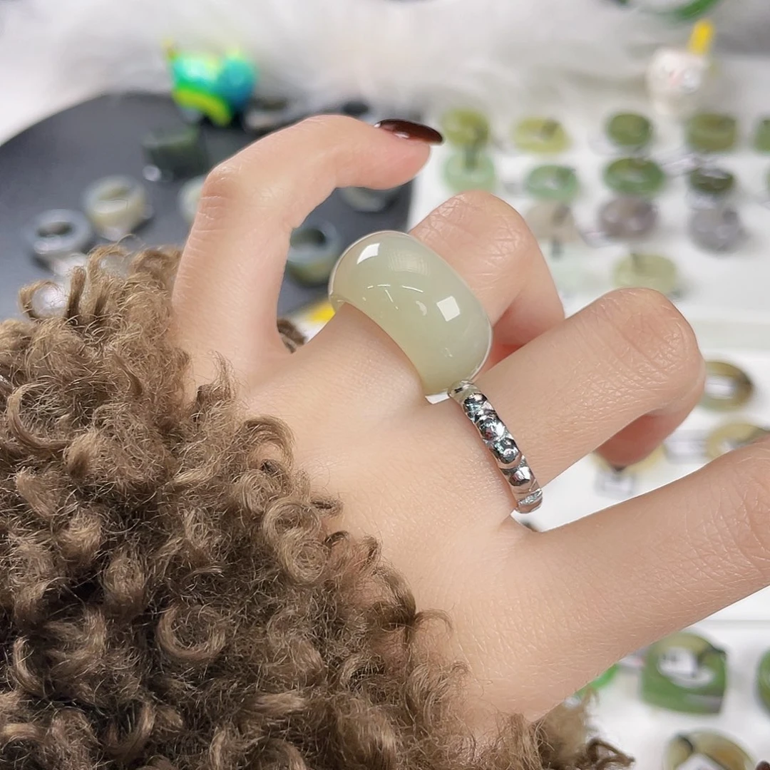 和田玉未镶嵌戒指k73 奶蓝墩墩16.8