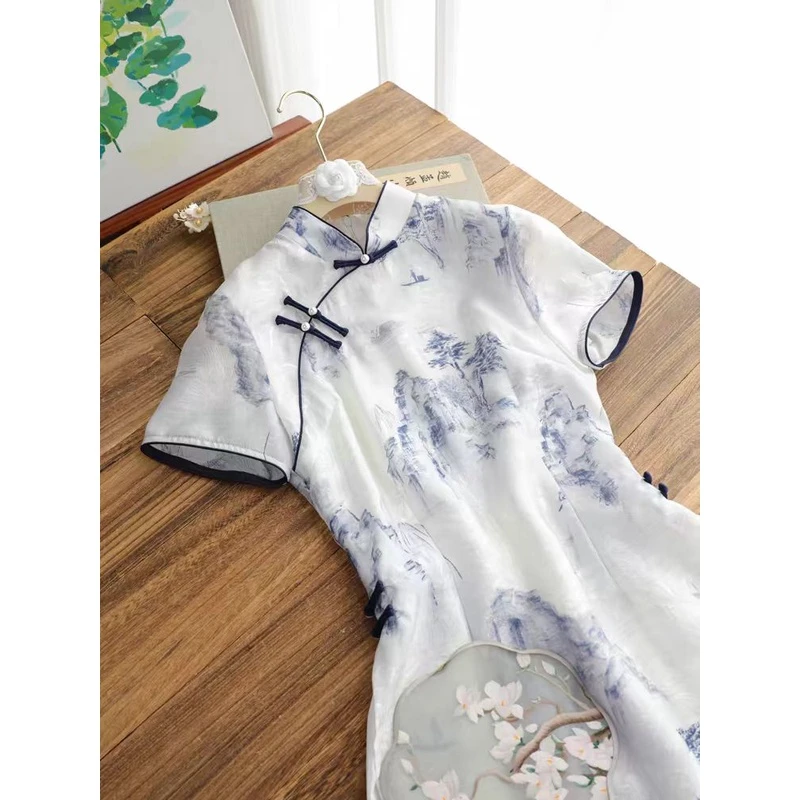 5019 蓝色【云山雾绕】一字扣 奥戴 旗袍