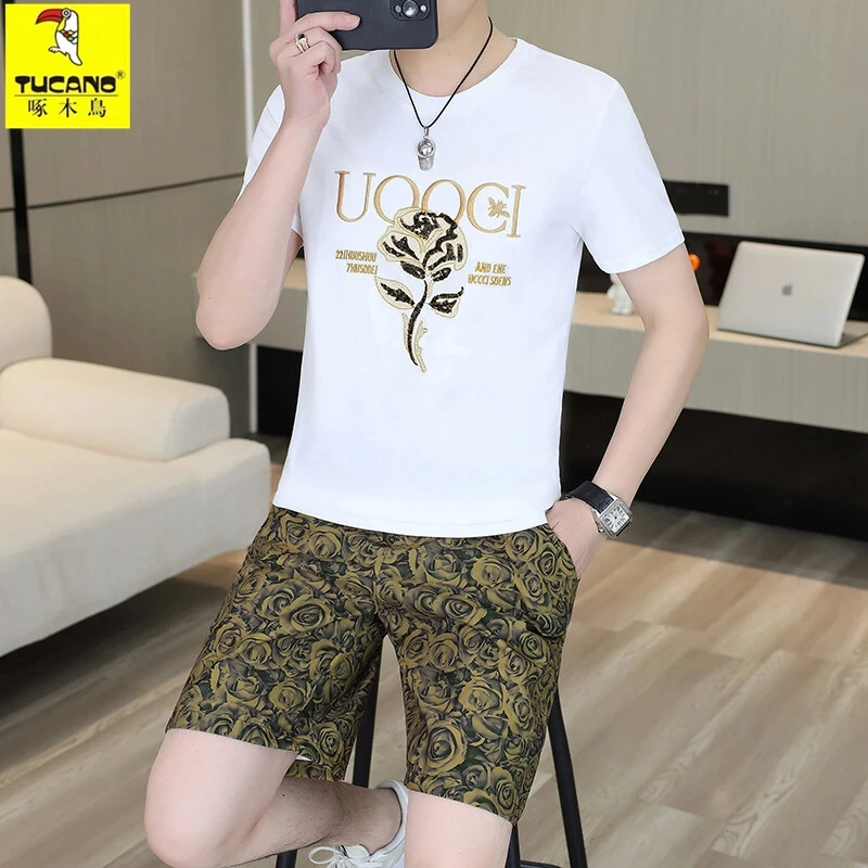 TUCANO/啄木鳥夏季刺绣高端T恤新款潮牌休闲青年短裤玫瑰百搭套装