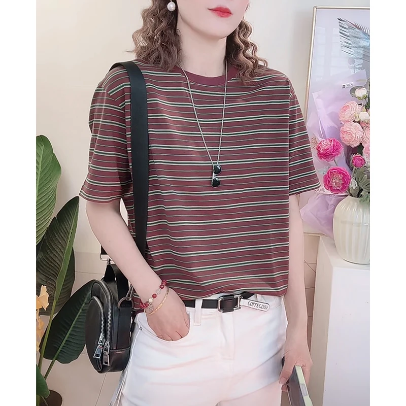2025年夏季条纹短袖T恤女圆领显瘦洋气休闲打底衫上衣 209-0406