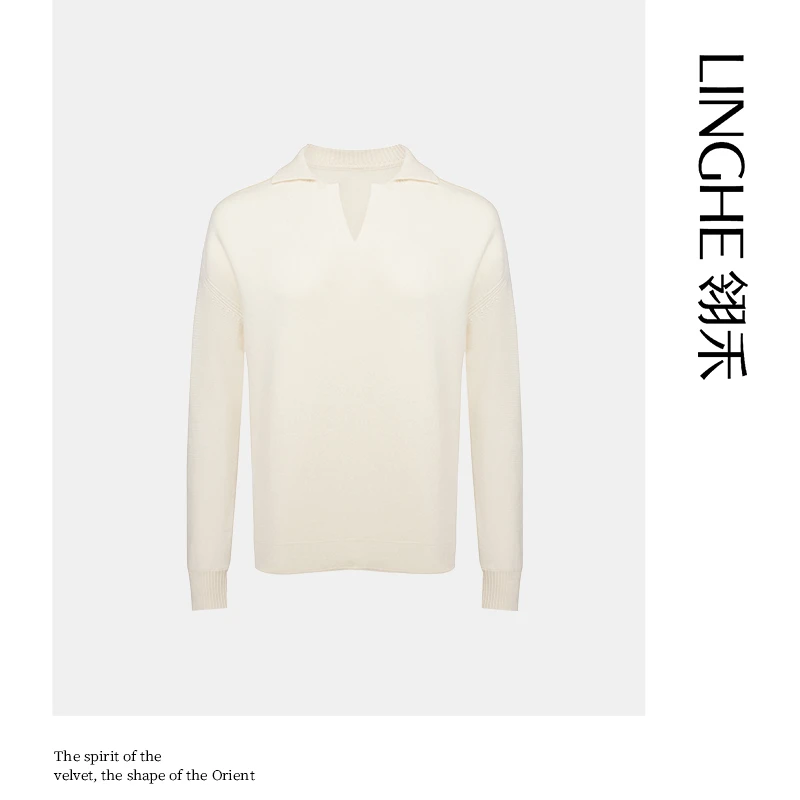 翎禾LINGHE-V领针织长袖套衫时尚山羊绒休闲百搭修身翻领秋冬套头
