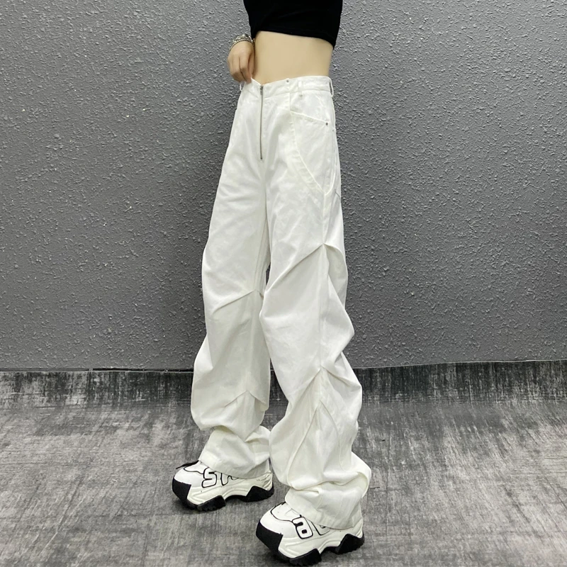 帅气褶纹百搭显瘦休闲仔裤女春新款时尚高腰宽松百搭直筒拖地裤