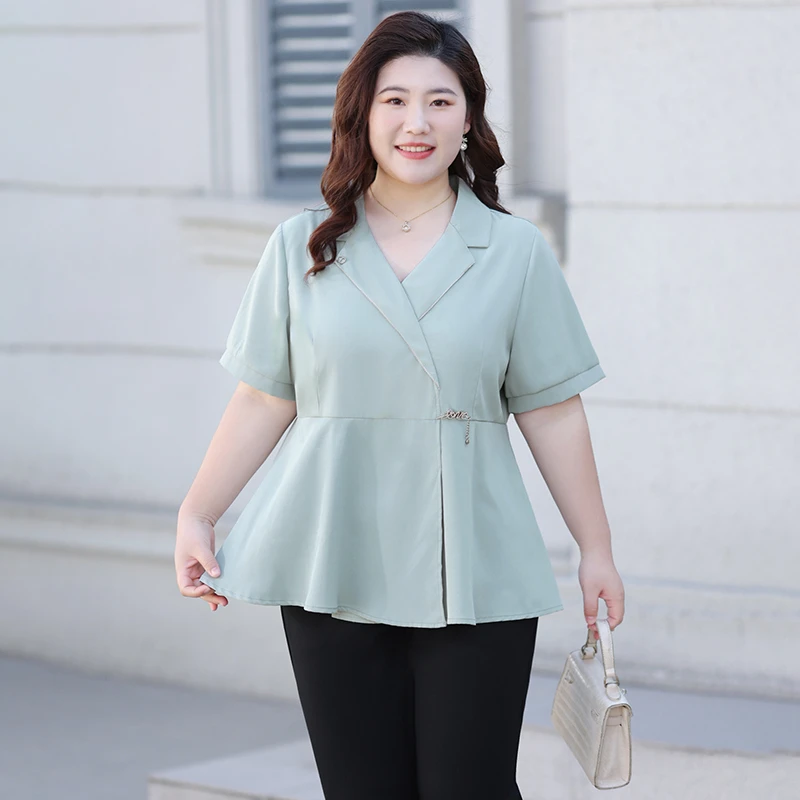 胖mm短袖雪纺衫女2025夏季新款大码遮肚显瘦收腰气质西装领上衣
