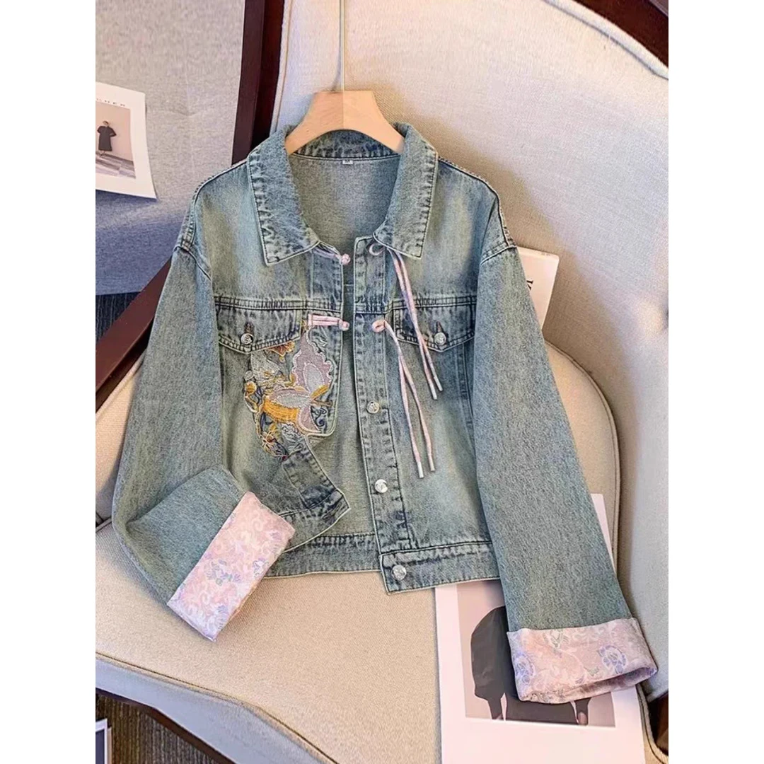 H5新中式国风盘扣牛仔外套女春秋季2024新款刺绣唐装