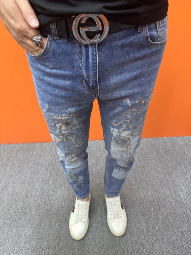 春夏印花牛仔裤修身小脚男牛仔裤韩版休闲时尚百搭潮流个性牛仔裤