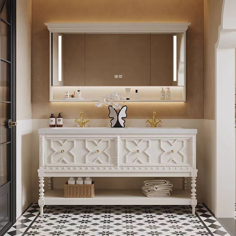 橡木双盆法式复古浴室柜组合卫生间岩板无缝一体洗漱台洗手洗脸盆