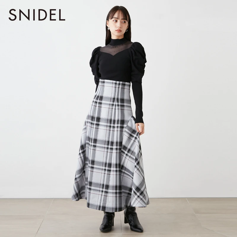 SNIDEL款品质女装百搭高腰中长款A字格子半身裙SWFS235134