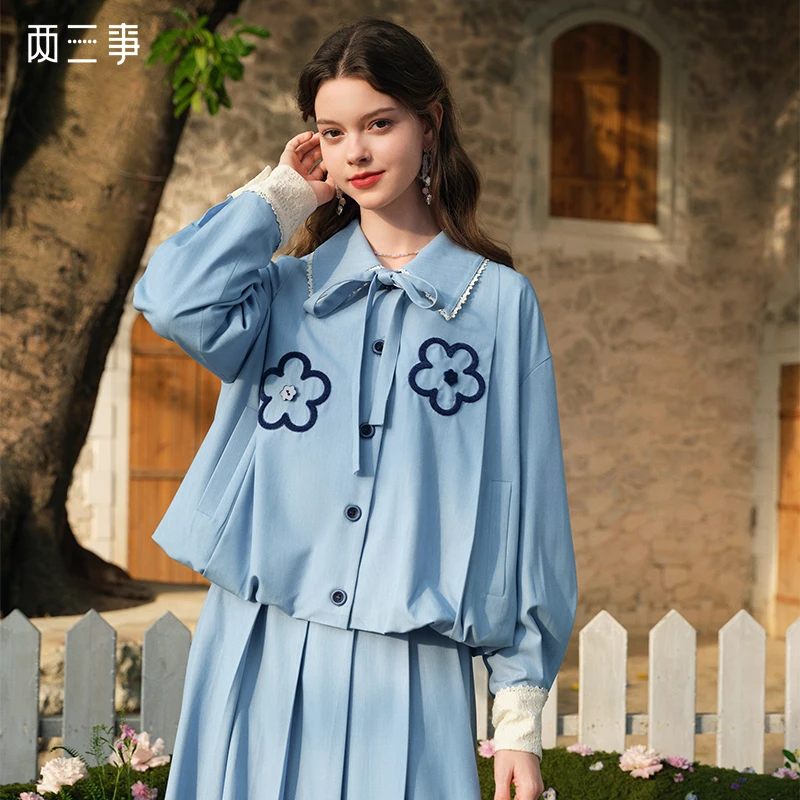 两三事微光花涧2025春季新款毛巾绣花绑带翻领牛仔开衫女宽松