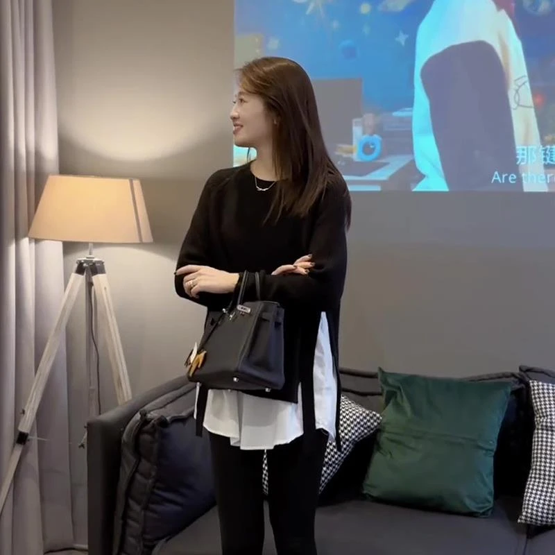 假两件拼接中长款针织衫毛衣女秋冬季新款宽松显瘦打底衫套头上衣