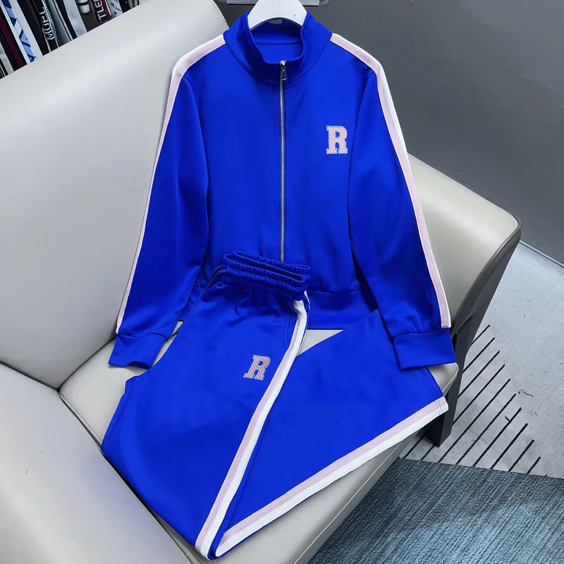 106#A 秋季新款2025时尚休闲运动气质春秋蓝色长袖立领女士套装