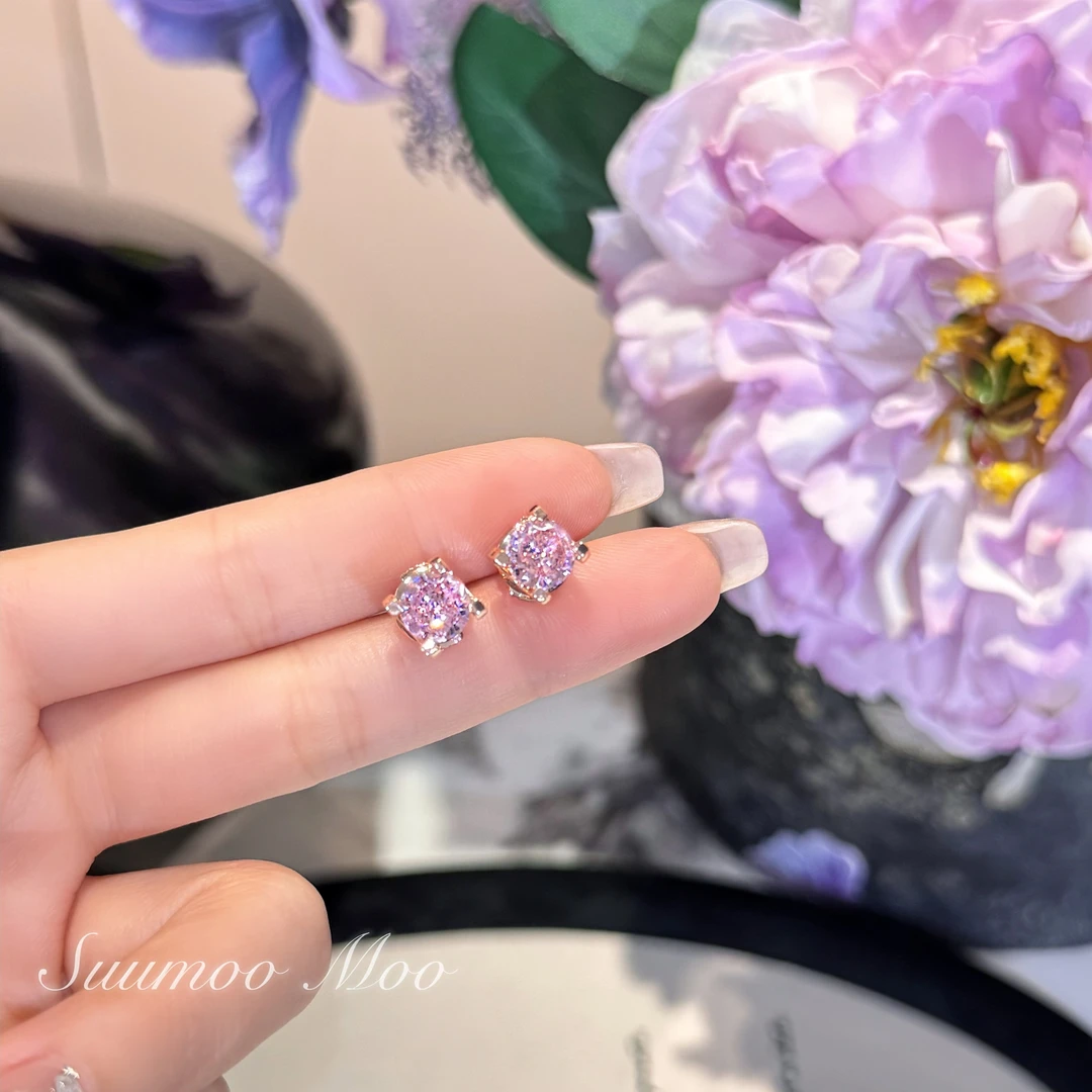 铜合金合成锆石耳饰 法式经典粉色四爪牛头耳钉