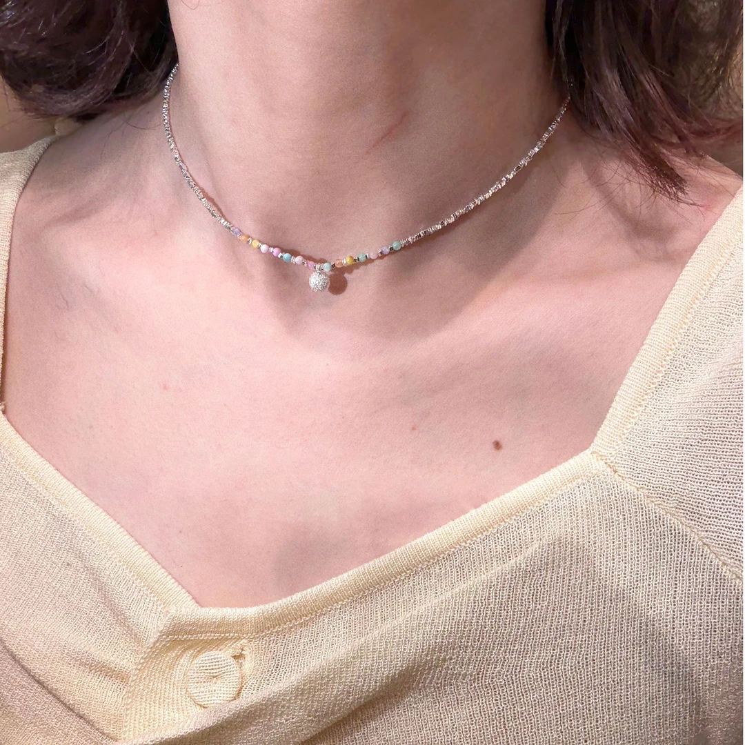 坠链均925银 碎银项链女颈链吊坠简约百搭锁骨链小众彩色甜美手链