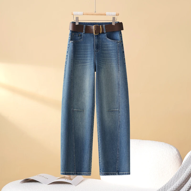 拉夏贝尔镰刀复古牛仔裤女春季2025年新款高腰显瘦宽松休闲直筒裤