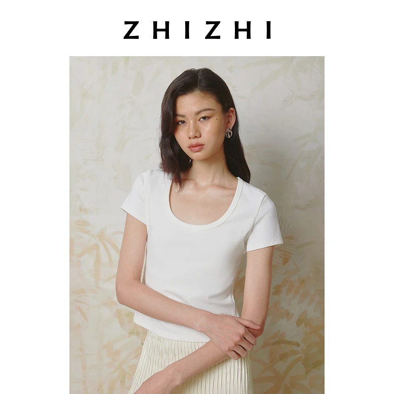 致知 锦鹧鸪 罗纹U领短袖T恤女25春新款简约休闲百搭ZZ2ESWTZ008