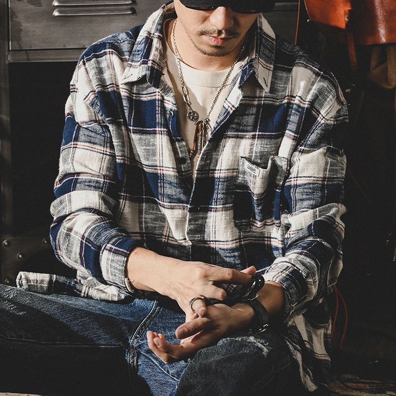 美式重磅复古格子衬衫男长袖宽松潮牌春季日系衬衣男士春秋款外套